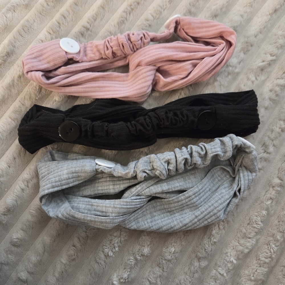 Set of 3 Ribbed Knit Knotted Headbands with Buttons Mask Holder Pink Black Gray